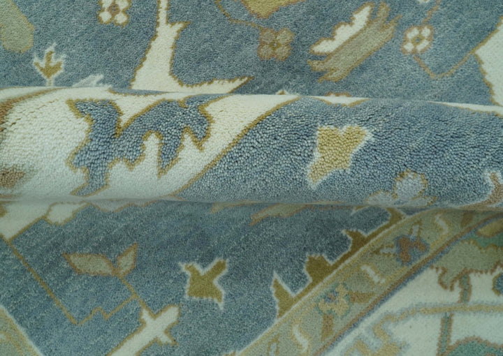 Antique Style Grayish Blue and Ivory Hand Knotted Custom Made Wool Rug - The Rug Decor