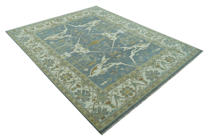 Antique Style Grayish Blue and Ivory Hand Knotted Custom Made Wool Rug - The Rug Decor