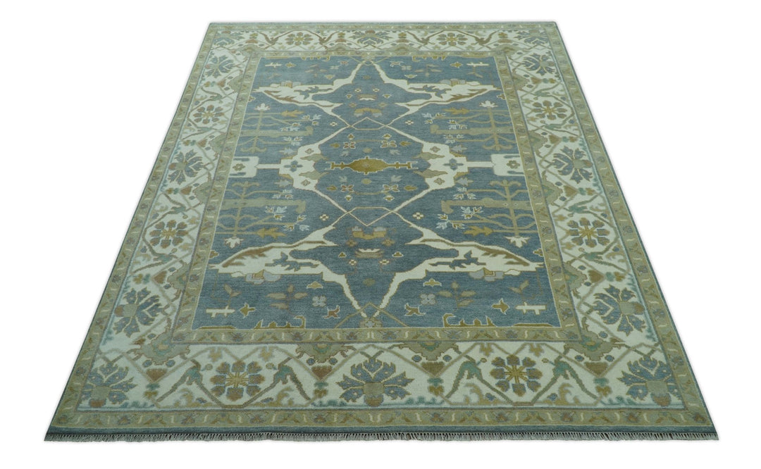 Antique Style Grayish Blue and Ivory Hand Knotted Custom Made Wool Rug - The Rug Decor