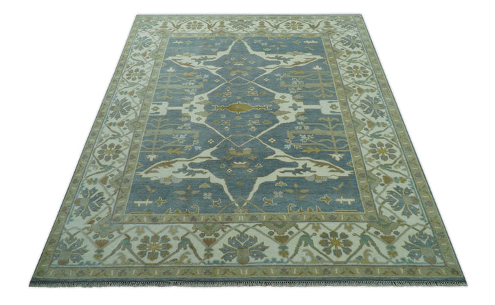Antique Style Grayish Blue and Ivory Hand Knotted Custom Made Wool Rug - The Rug Decor