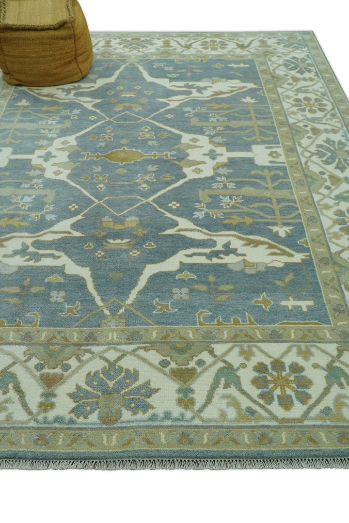 Antique Style Grayish Blue and Ivory Hand Knotted Custom Made Wool Rug - The Rug Decor