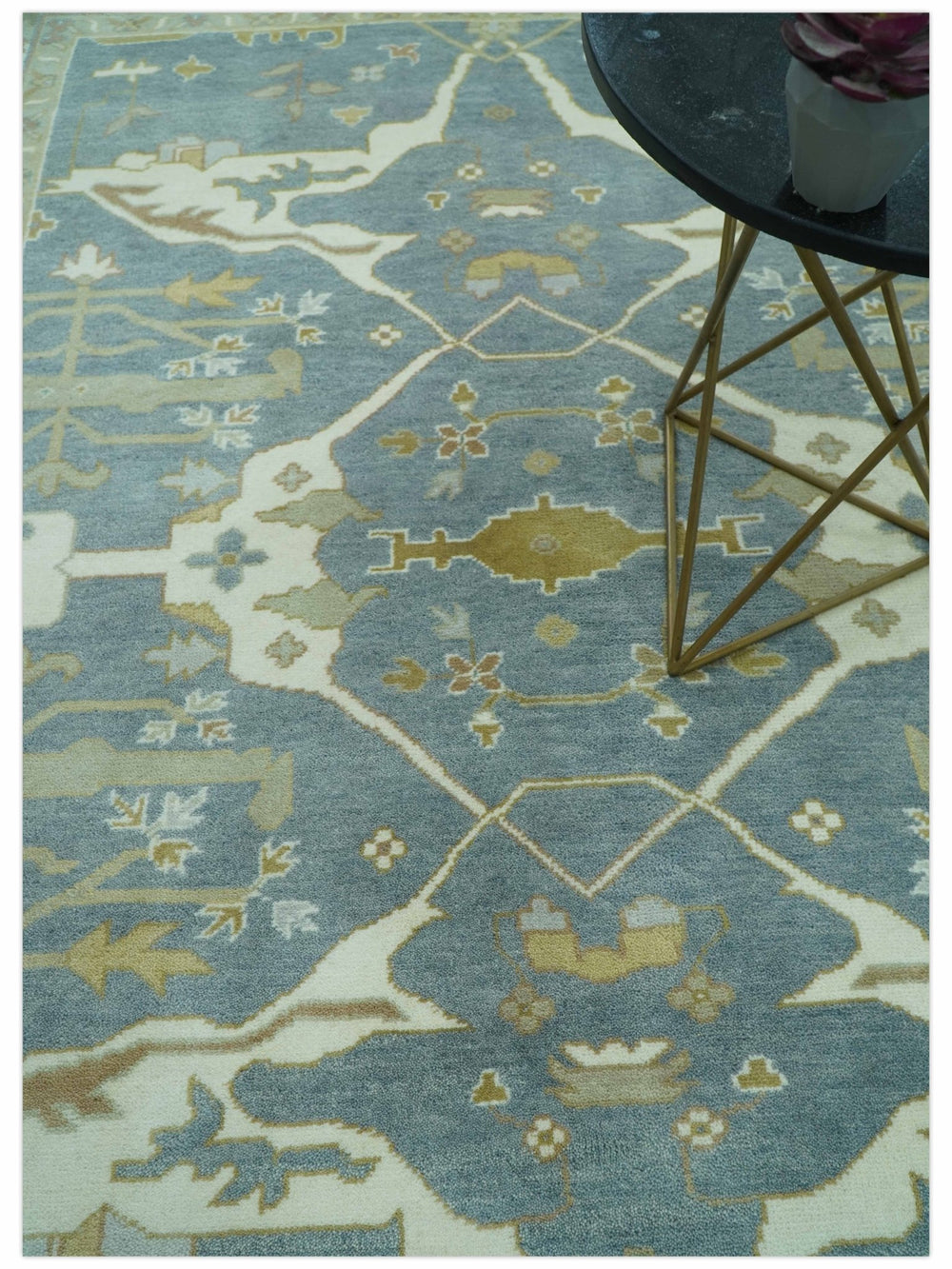 Antique Style Grayish Blue and Ivory Hand Knotted Custom Made Wool Rug - The Rug Decor