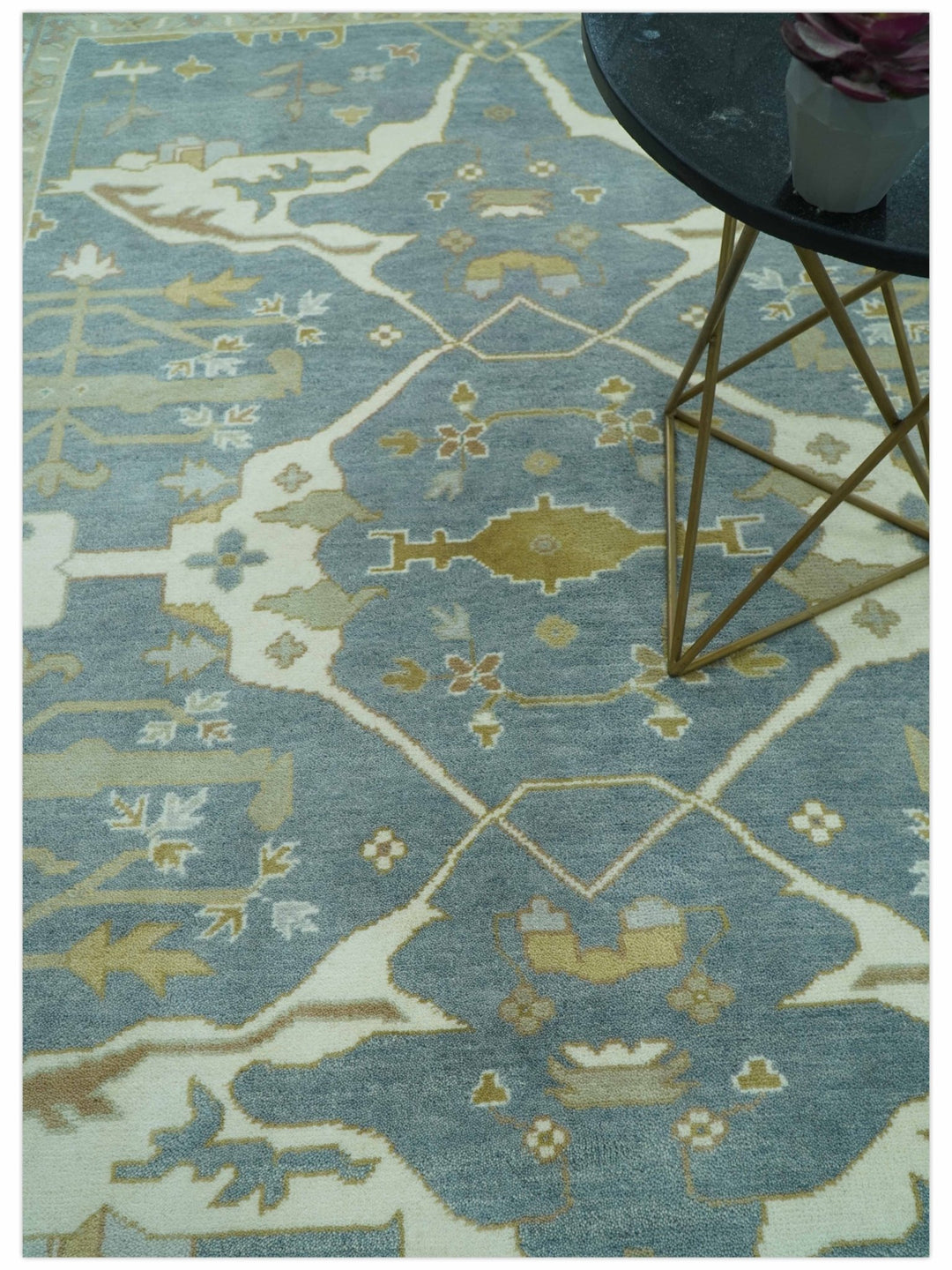 Antique Style Grayish Blue and Ivory Hand Knotted Custom Made Wool Rug - The Rug Decor