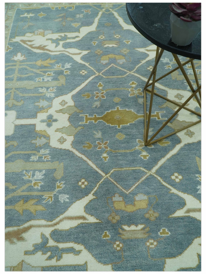Antique Style Grayish Blue and Ivory Hand Knotted Custom Made Wool Rug - The Rug Decor