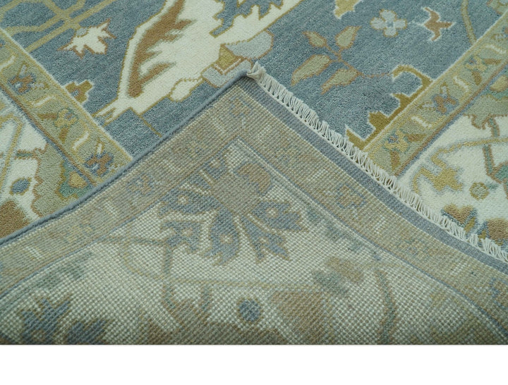 Antique Style Grayish Blue and Ivory Hand Knotted Custom Made Wool Rug - The Rug Decor