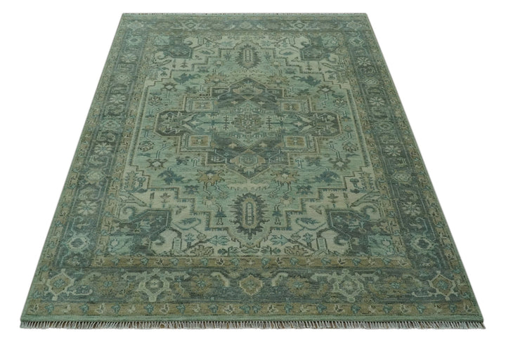 Antique Style Hand Knotted 8x10 Green, Silver and Taupe Traditional wool rug - The Rug Decor