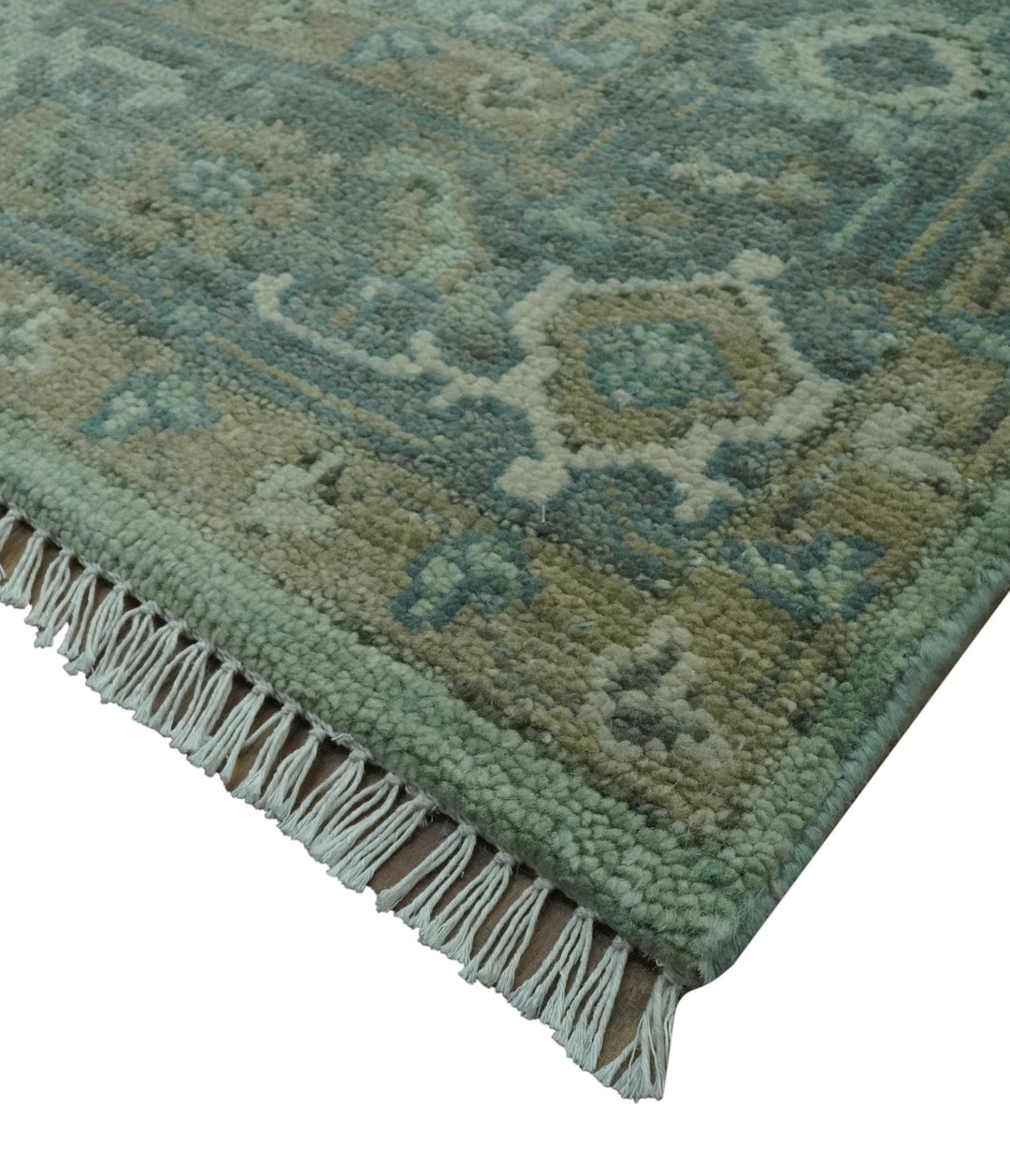 Antique Style Hand Knotted 8x10 Green, Silver and Taupe Traditional wool rug - The Rug Decor
