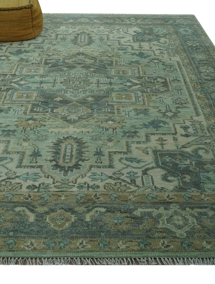 Antique Style Hand Knotted 8x10 Green, Silver and Taupe Traditional wool rug - The Rug Decor