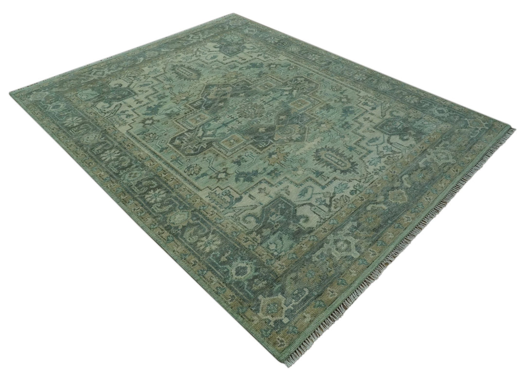Antique Style Hand Knotted 8x10 Green, Silver and Taupe Traditional wool rug - The Rug Decor