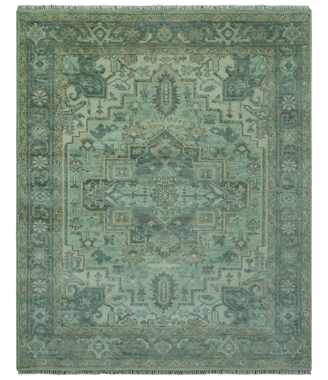 Antique Style Hand Knotted 8x10 Green, Silver and Taupe Traditional wool rug - The Rug Decor