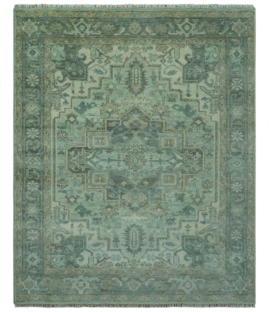 Antique Style Hand Knotted 8x10 Green, Silver and Taupe Traditional wool rug - The Rug Decor