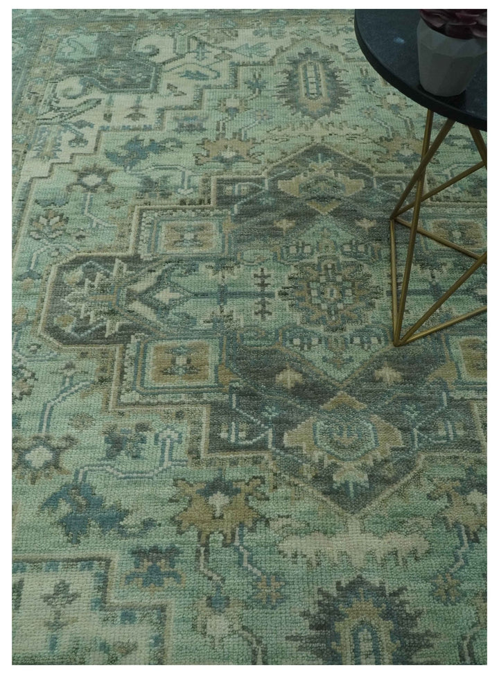 Antique Style Hand Knotted 8x10 Green, Silver and Taupe Traditional wool rug - The Rug Decor