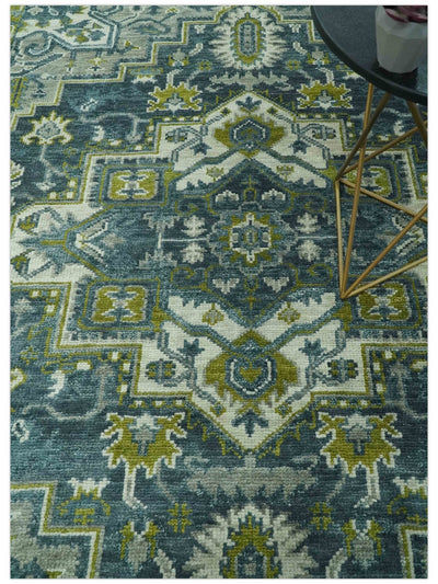 Antique Style Hand Knotted Teal, Gray and Green Traditional Heriz 8x10 wool area rug - The Rug Decor