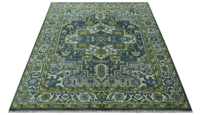 Antique Style Hand Knotted Teal, Gray and Green Traditional Heriz 8x10 wool area rug - The Rug Decor