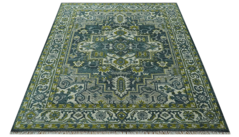 Antique Style Hand Knotted Teal, Gray and Green Traditional Heriz 8x10 wool area rug - The Rug Decor