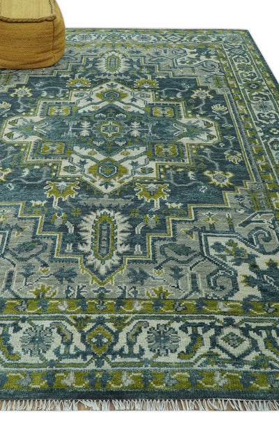 Antique Style Hand Knotted Teal, Gray and Green Traditional Heriz 8x10 wool area rug - The Rug Decor