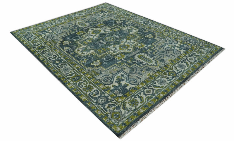 Antique Style Hand Knotted Teal, Gray and Green Traditional Heriz 8x10 wool area rug - The Rug Decor