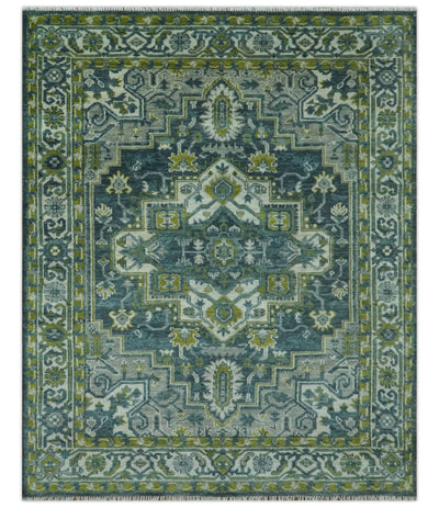 Antique Style Hand Knotted Teal, Gray and Green Traditional Heriz 8x10 wool area rug - The Rug Decor