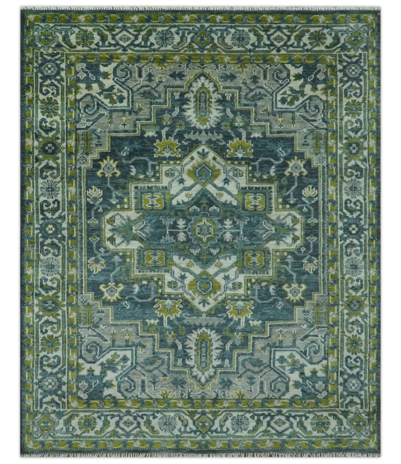 Antique Style Hand Knotted Teal, Gray and Green Traditional Heriz 8x10 wool area rug - The Rug Decor