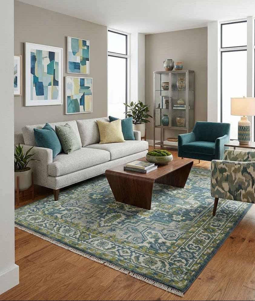 Antique Style Hand Knotted Teal, Gray and Green Traditional multi Size wool rug - The Rug Decor