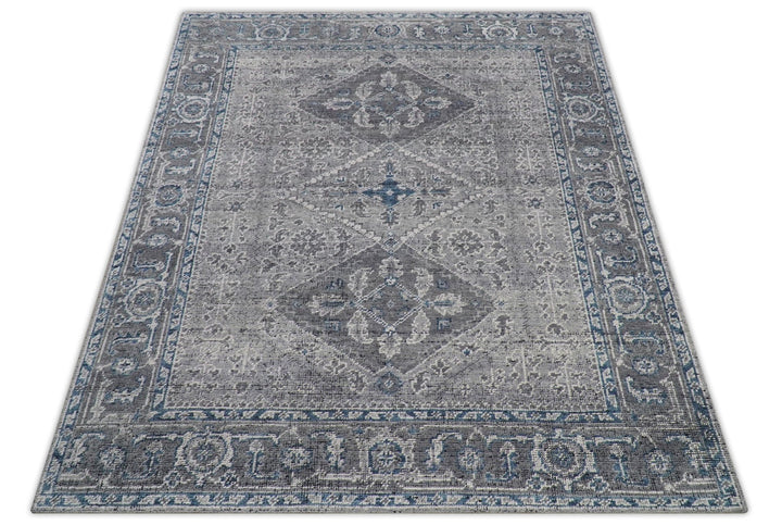 Antique Style Hand Knotted Traditional Blue and Gray Wool Area Rug - The Rug Decor