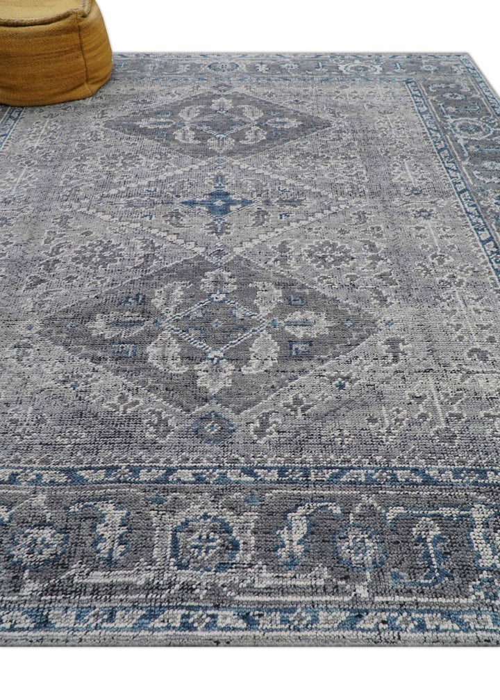 Antique Style Hand Knotted Traditional Blue and Gray Wool Area Rug - The Rug Decor
