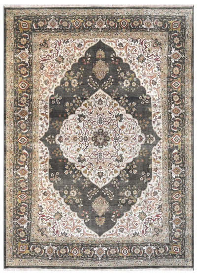 Antique Style Ivory, Charcoal, Olive and maroon Traditional Medallion 9x12 Wool Area Rug - The Rug Decor