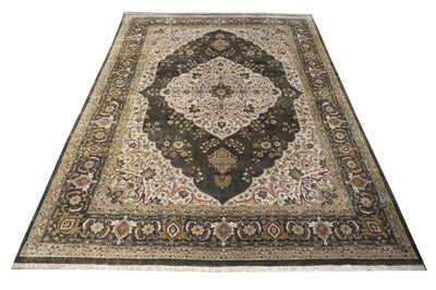 Antique Style Ivory, Charcoal, Olive and maroon Traditional Medallion 9x12 Wool Area Rug - The Rug Decor