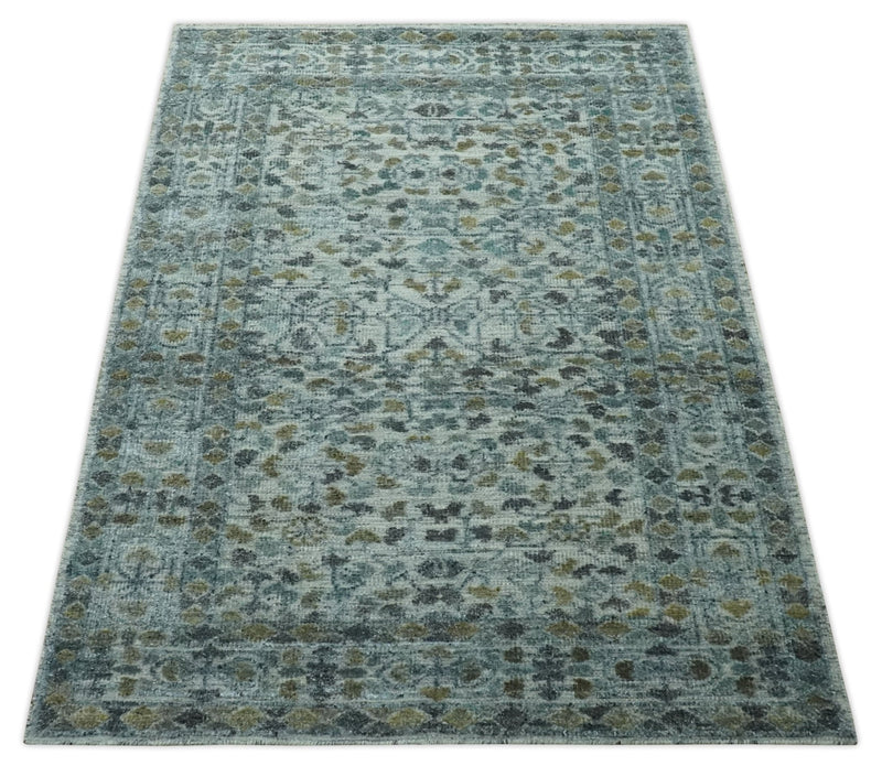 Antique Style Traditional Floral Ivory, Teal, Olive and Charcoal Carved Texture wool rug - The Rug Decor
