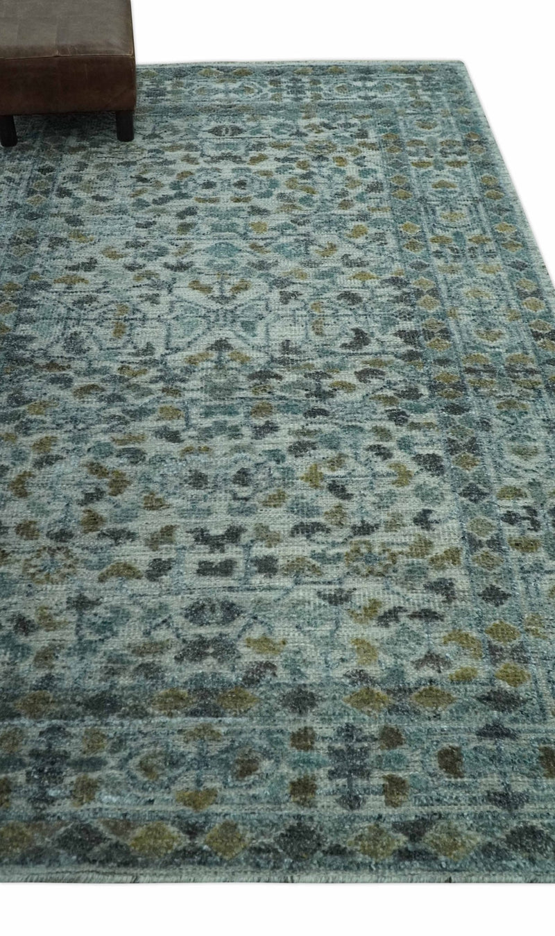 Antique Style Traditional Floral Ivory, Teal, Olive and Charcoal Carved Texture wool rug - The Rug Decor