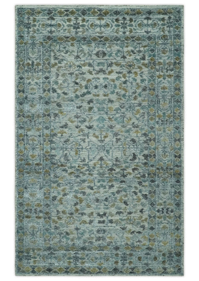 Antique Style Traditional Floral Ivory, Teal, Olive and Charcoal Carved Texture wool rug - The Rug Decor