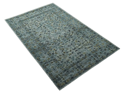 Antique Style Traditional Floral Ivory, Teal, Olive and Charcoal Carved Texture wool rug - The Rug Decor