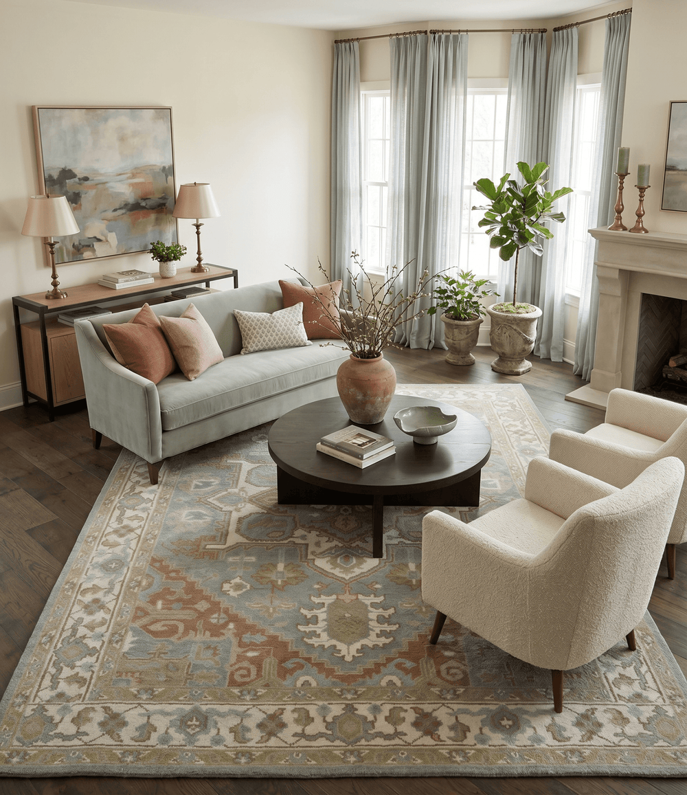 Antique Style Traditional Heriz Gray, Ivory, Peach and Olive Hand Knotted Multi Size wool Area Rug - The Rug Decor