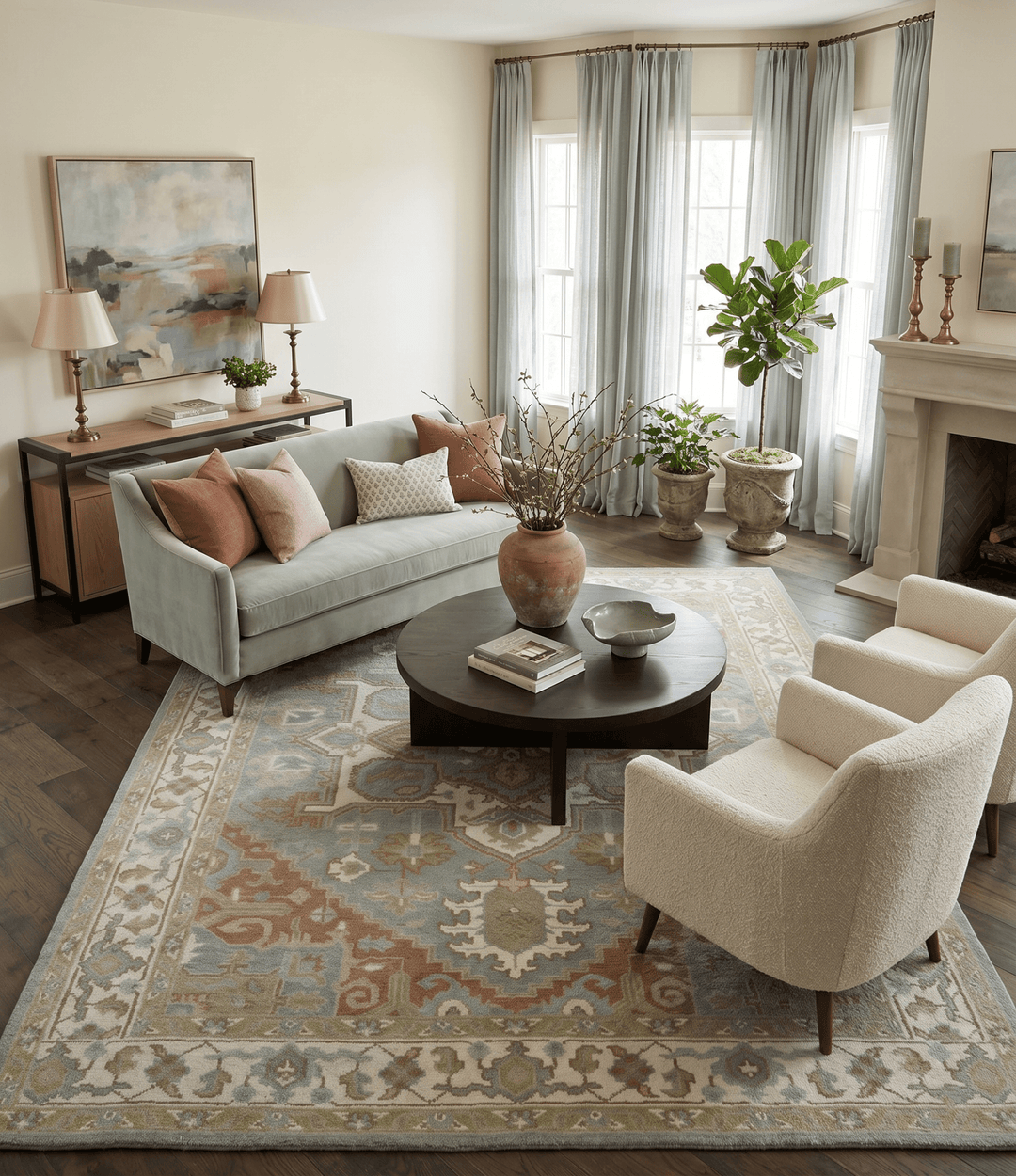 Antique Style Traditional Heriz Gray, Ivory, Peach and Olive Hand Knotted Multi Size wool Area Rug - The Rug Decor