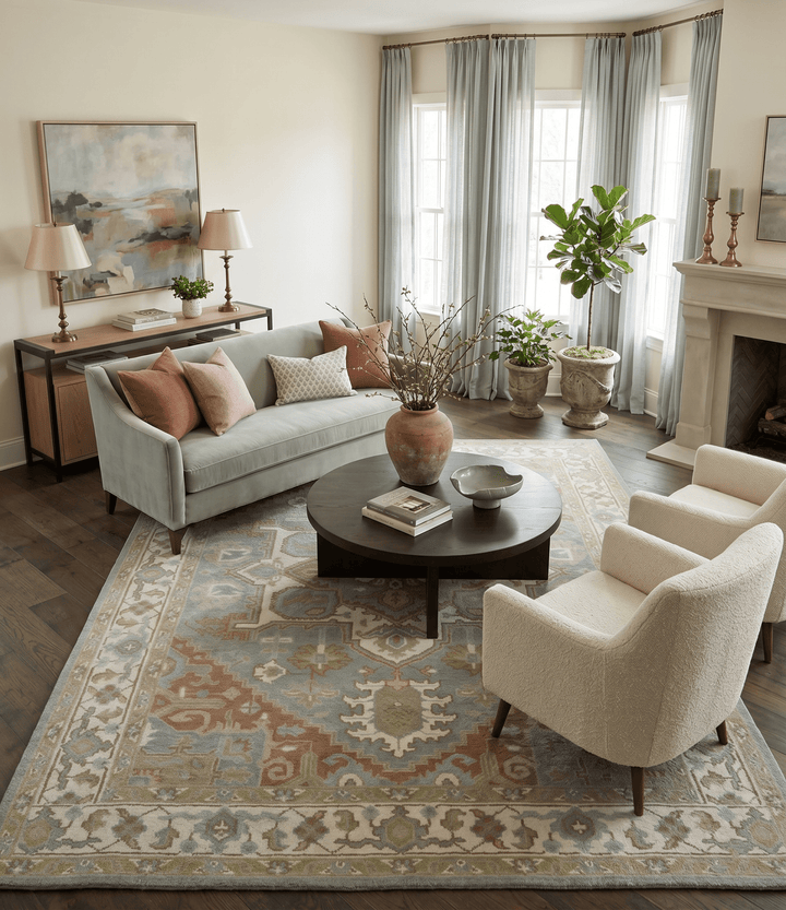 Antique Style Traditional Heriz Gray, Ivory, Peach and Olive Hand Knotted Multi Size wool Area Rug - The Rug Decor