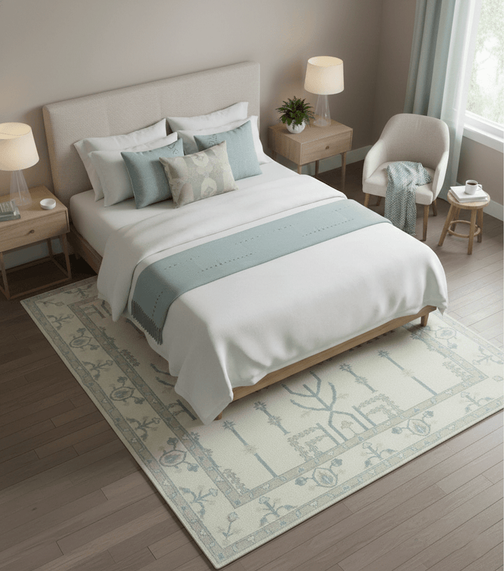 Antique Style Tree of life Beige and Teal Traditional Hand Knotted Custom Made wool Area Rug - The Rug Decor