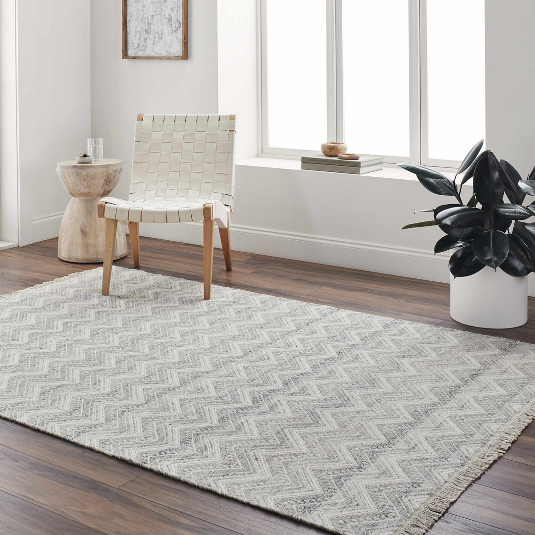 Aqeel Modern Chevron Pattern Beige Hand Woven Wool Area Rug