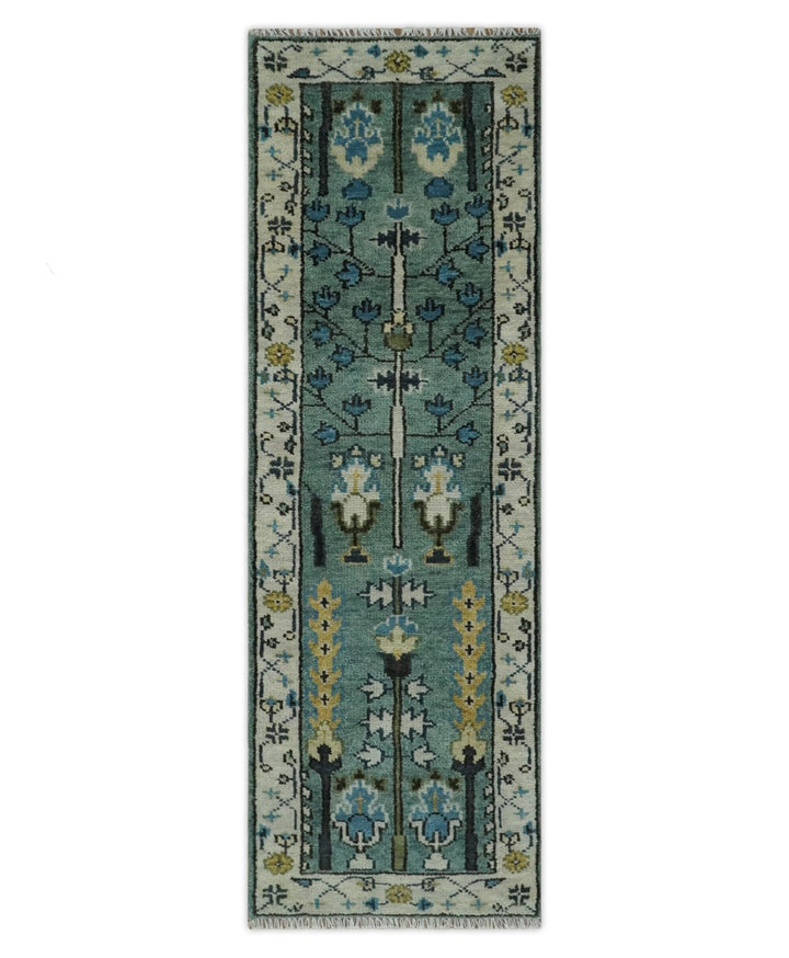 Custom Made Teal And Ivory Tree of life Hand Knotted Runner Rug