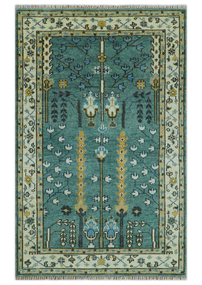 Aqua Hand Knotted Green and Ivory Traditional Turkish Vintage Style Wool Rug - The Rug Decor