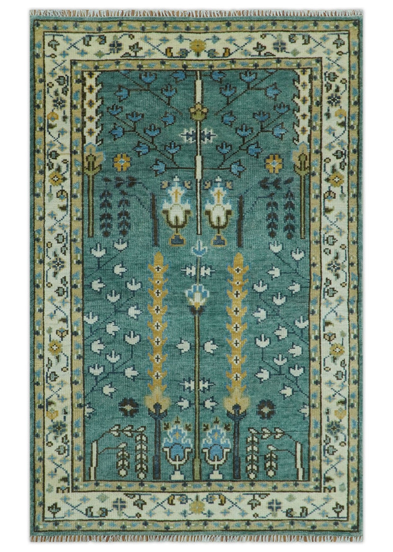 Aqua Hand Knotted Green and Ivory Traditional Turkish Vintage Style Wool Rug - The Rug Decor