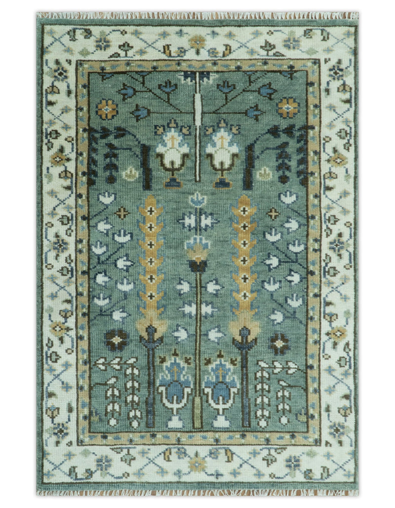 Aqua Hand Knotted Green and Ivory Traditional Turkish Vintage Style Wool Rug - The Rug Decor