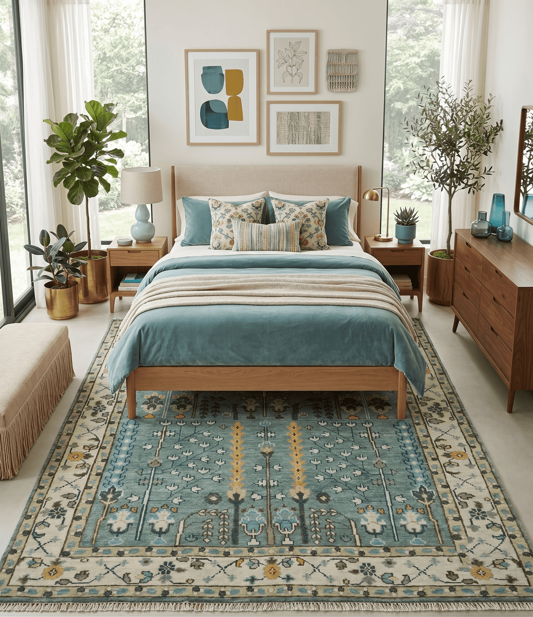 Aqua Hand Knotted Green and Ivory Traditional Turkish Vintage Style Wool Rug - The Rug Decor