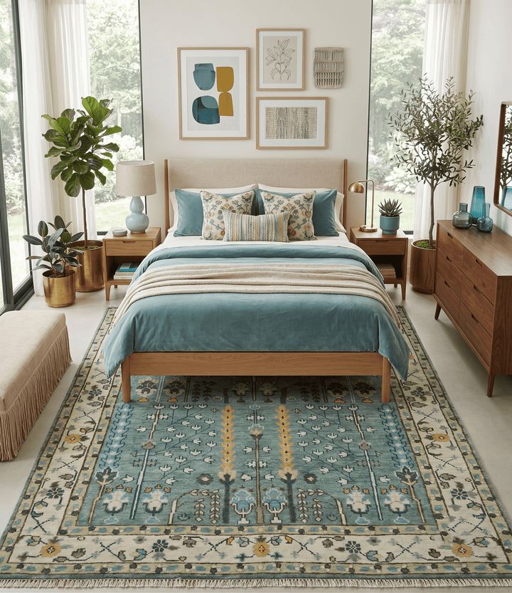Aqua Hand Knotted Green and Ivory Traditional Turkish Vintage Style Wool Rug - The Rug Decor