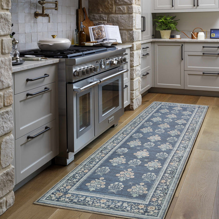 Aquene Traditional Floral Design Blue Washable Area Rug - The Rug Decor