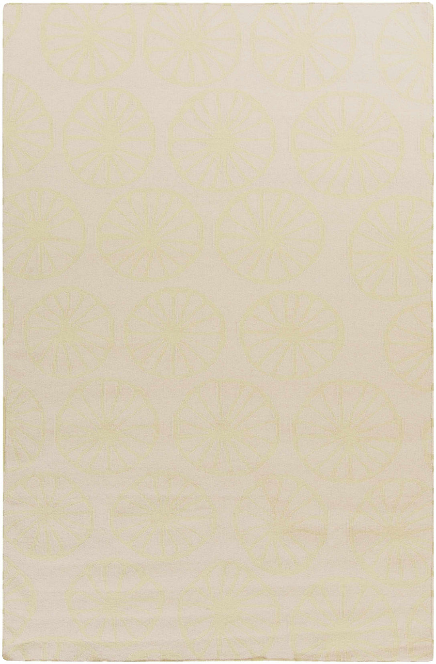Beige hand-woven wool area rug with repeating circular pattern