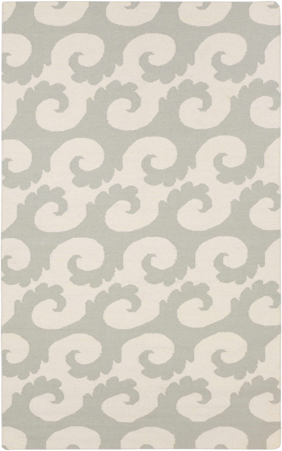 Ivory and gray hand-woven area rug with repeating abstract swirl pattern