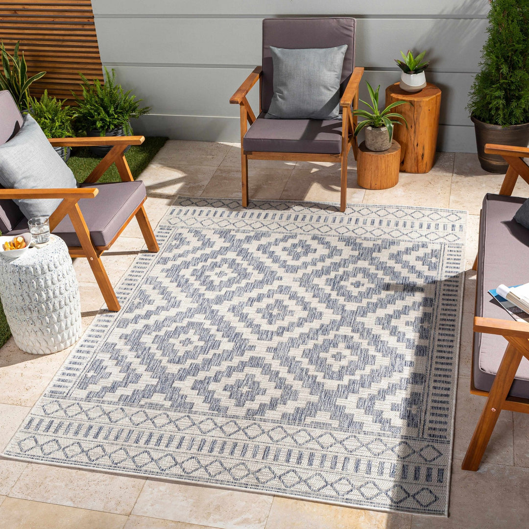 Armen Modern Geometrical Blue And Silver Machine Woven Outdoor Rug - The Rug Decor