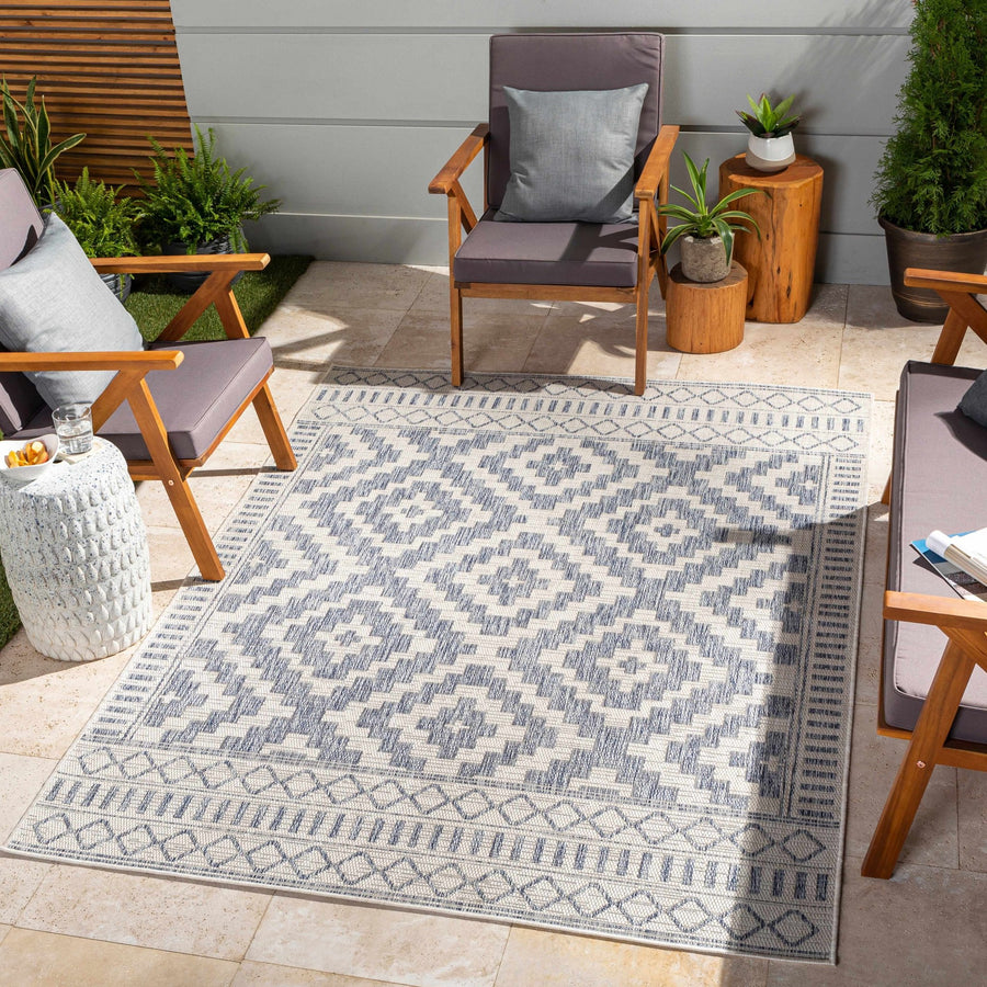 Armen Modern Geometrical Blue And Silver Machine Woven Outdoor Rug - The Rug Decor