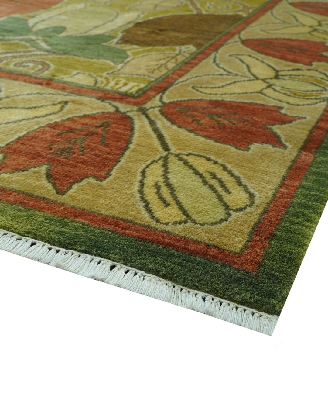 Art and Craft Design Olive Green And Brown Hand Knotted 8x10 Wool Area Rug - The Rug Decor