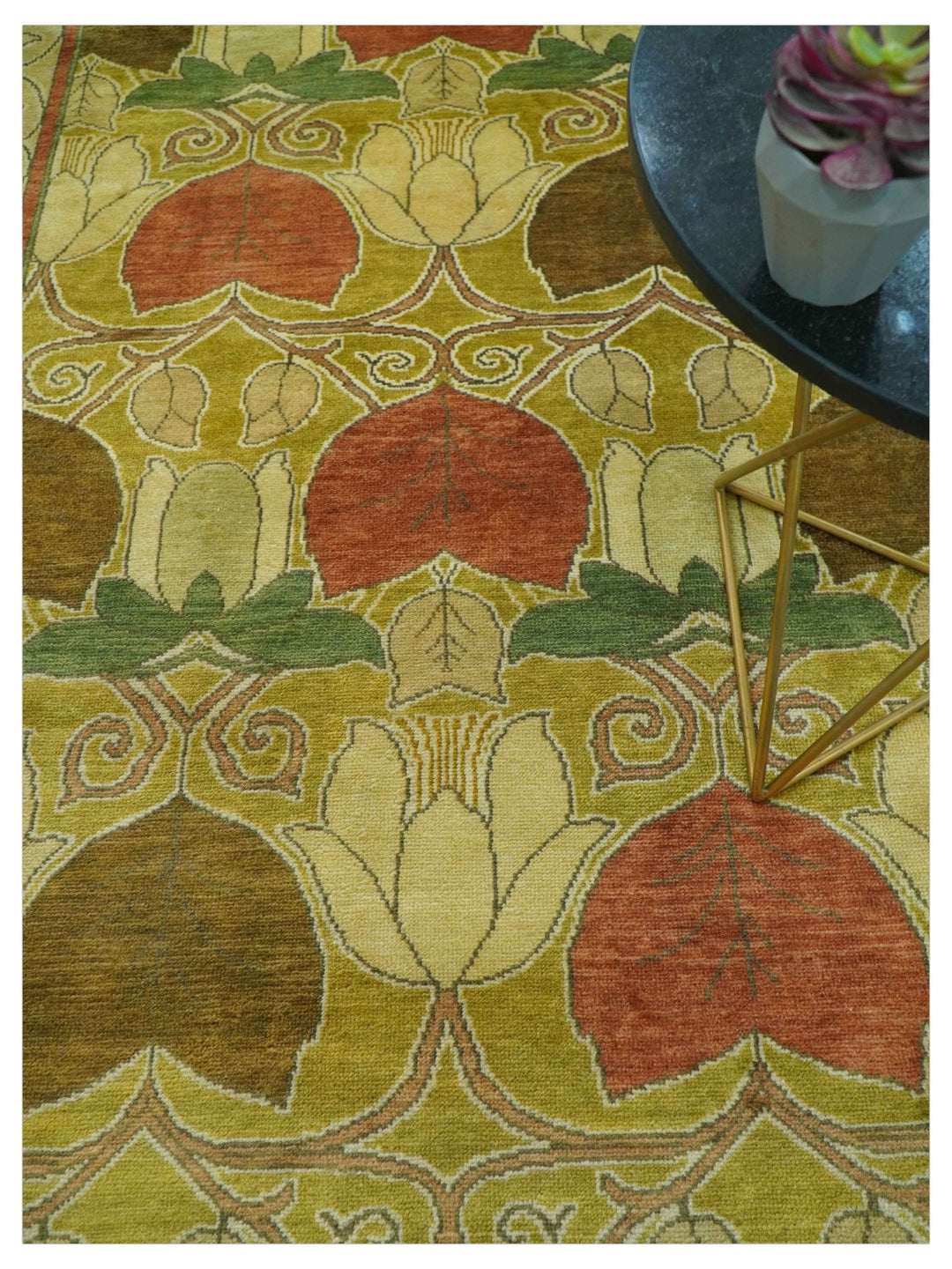 Art and Craft Design Olive Green And Brown Hand Knotted 8x10 Wool Area Rug - The Rug Decor